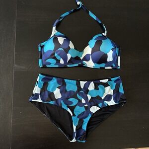 Sloggi Shore Flower Horn Swim Top & Brief Bikini Set Blue Women's UK Size L READ